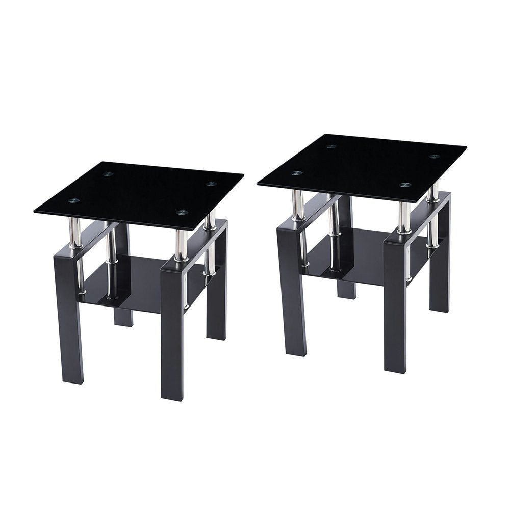 Set of Two Black Glass and Steel Square End Tables with Shelf