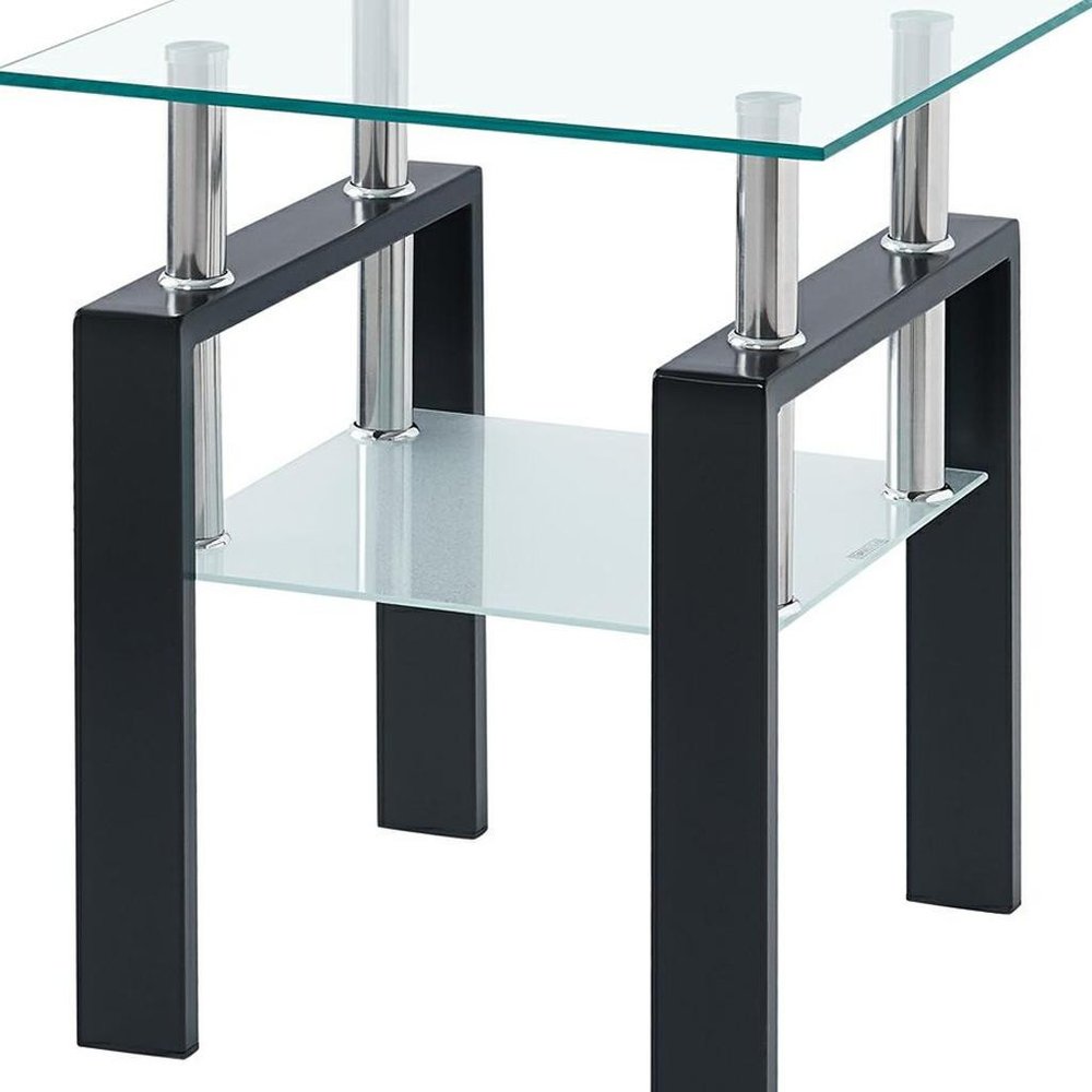 Clear and Black Glass and Steel Square End Table with Shelf - 20-inch