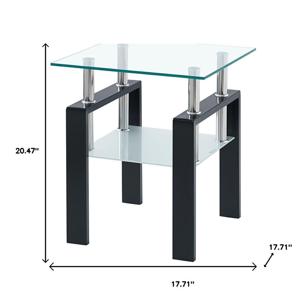 Clear and Black Glass and Steel Square End Table with Shelf - 20-inch