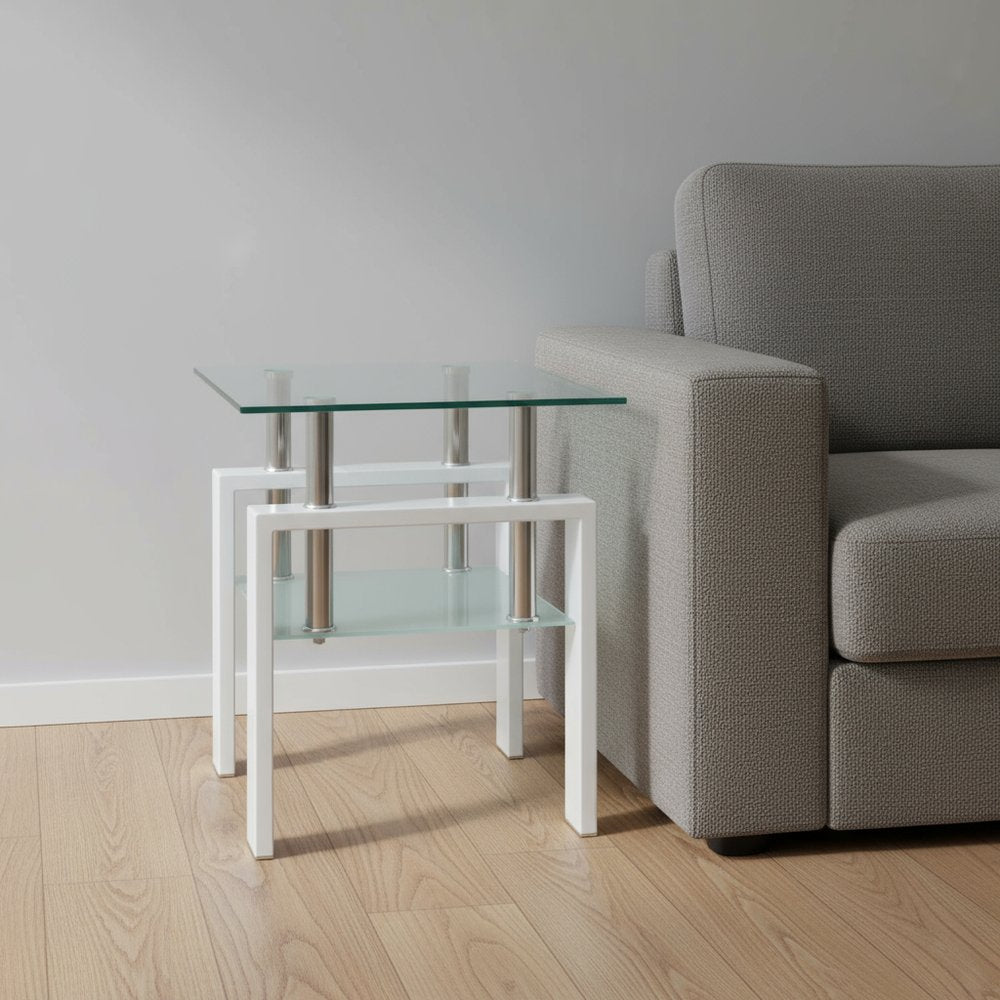 Clear and White Glass and Metal Square End Table with Shelf - 20-inch