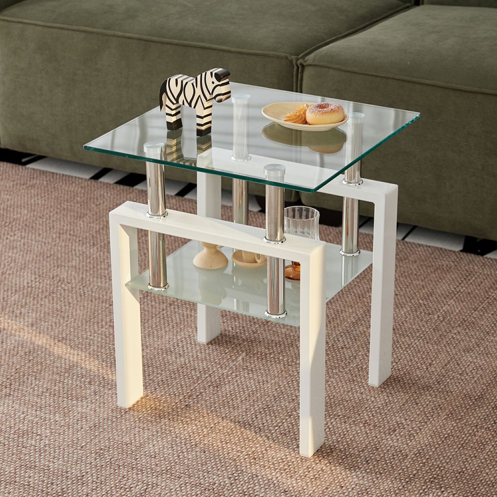 Clear and White Glass and Metal Square End Table with Shelf - 20-inch