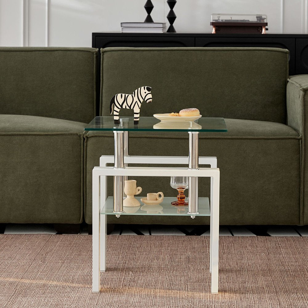 Clear and White Glass and Metal Square End Table with Shelf - 20-inch
