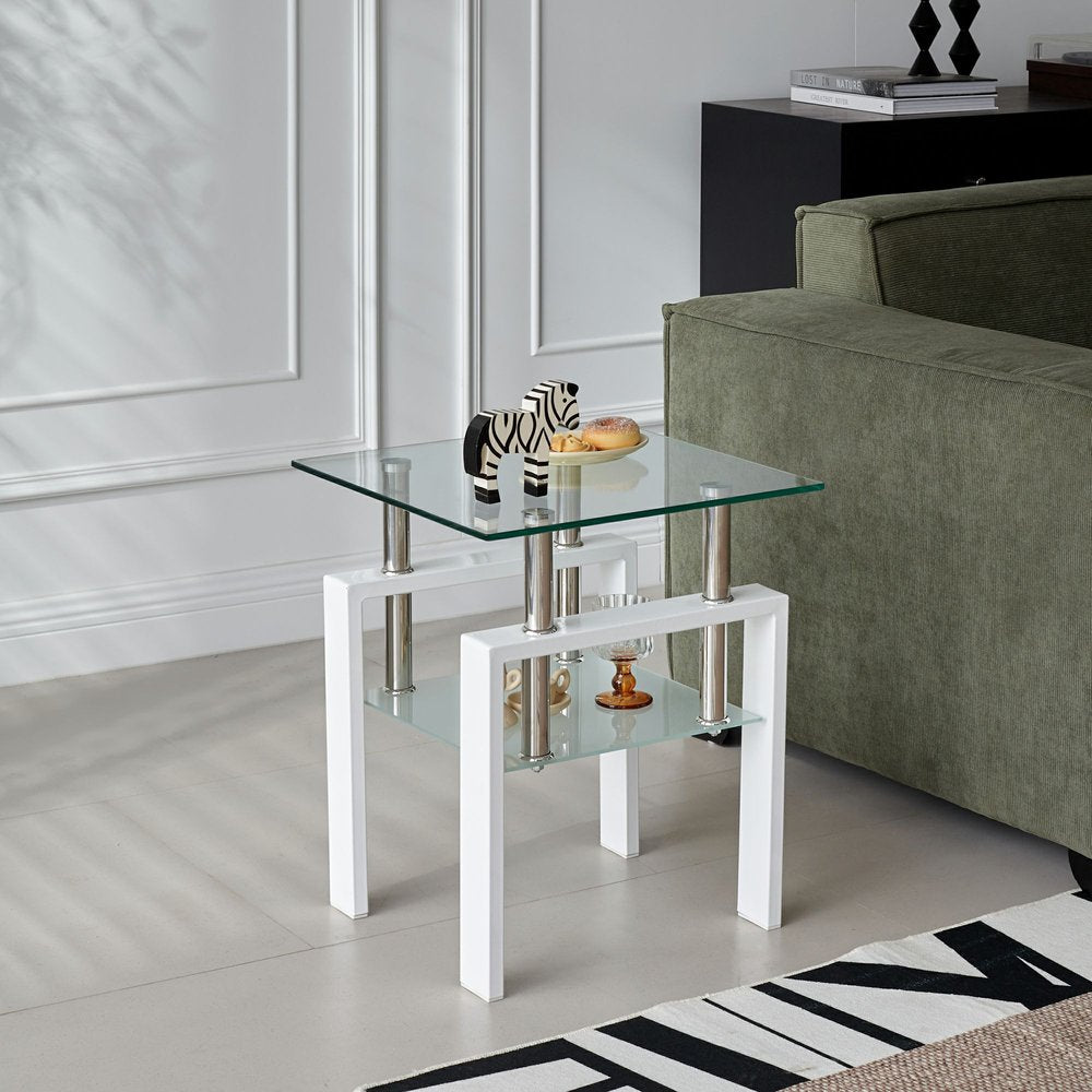 Clear and White Glass and Metal Square End Table with Shelf - 20-inch