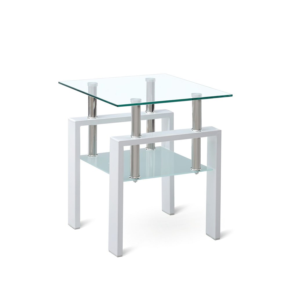 Clear and White Glass and Metal Square End Table with Shelf - 20-inch