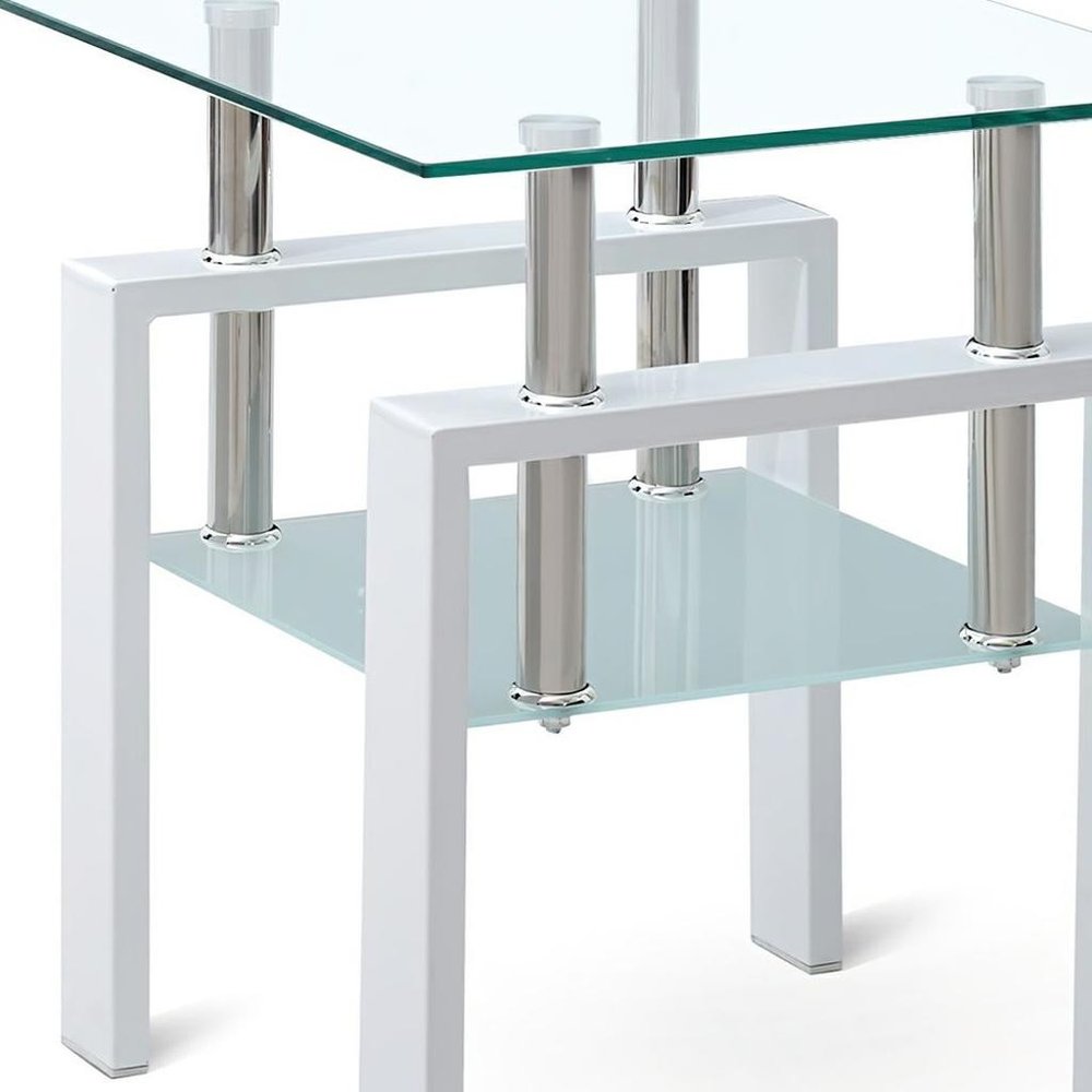 Clear and White Glass and Metal Square End Table with Shelf - 20-inch