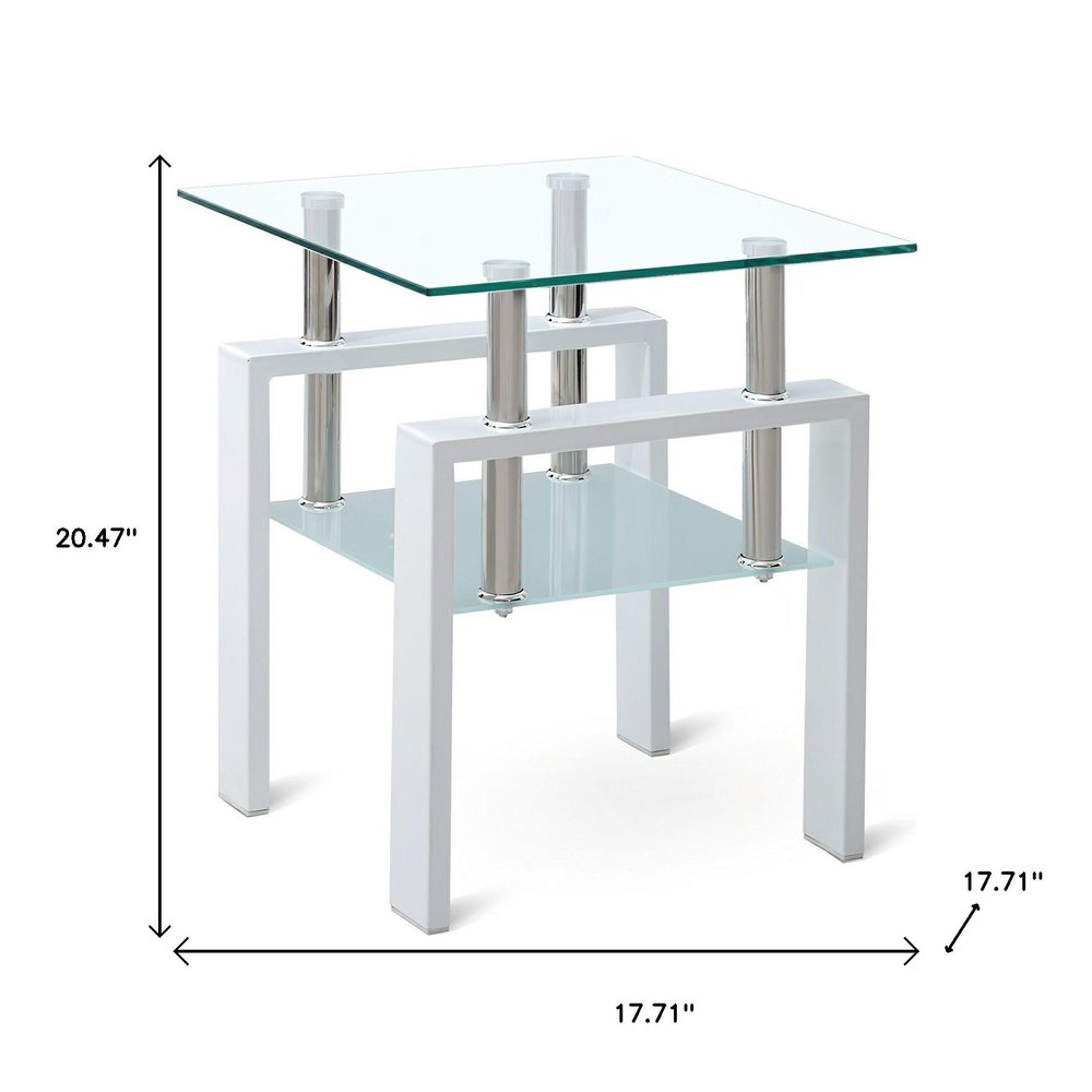 Clear and White Glass and Metal Square End Table with Shelf - 20-inch