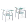Set of Two Clear and White Glass and Metal Square End Tables with Shelf