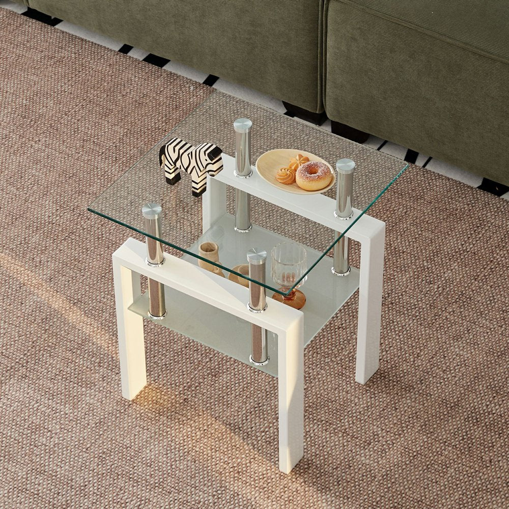 Set of Two Clear and White Glass and Metal Square End Tables with Shelf