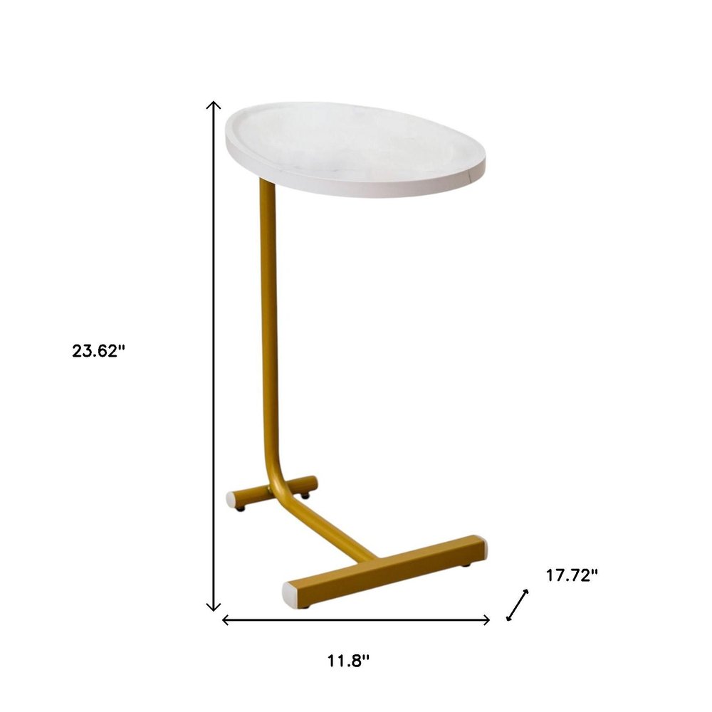 Set of Two White and Gold Faux Marble and Metal Oval End Tables
