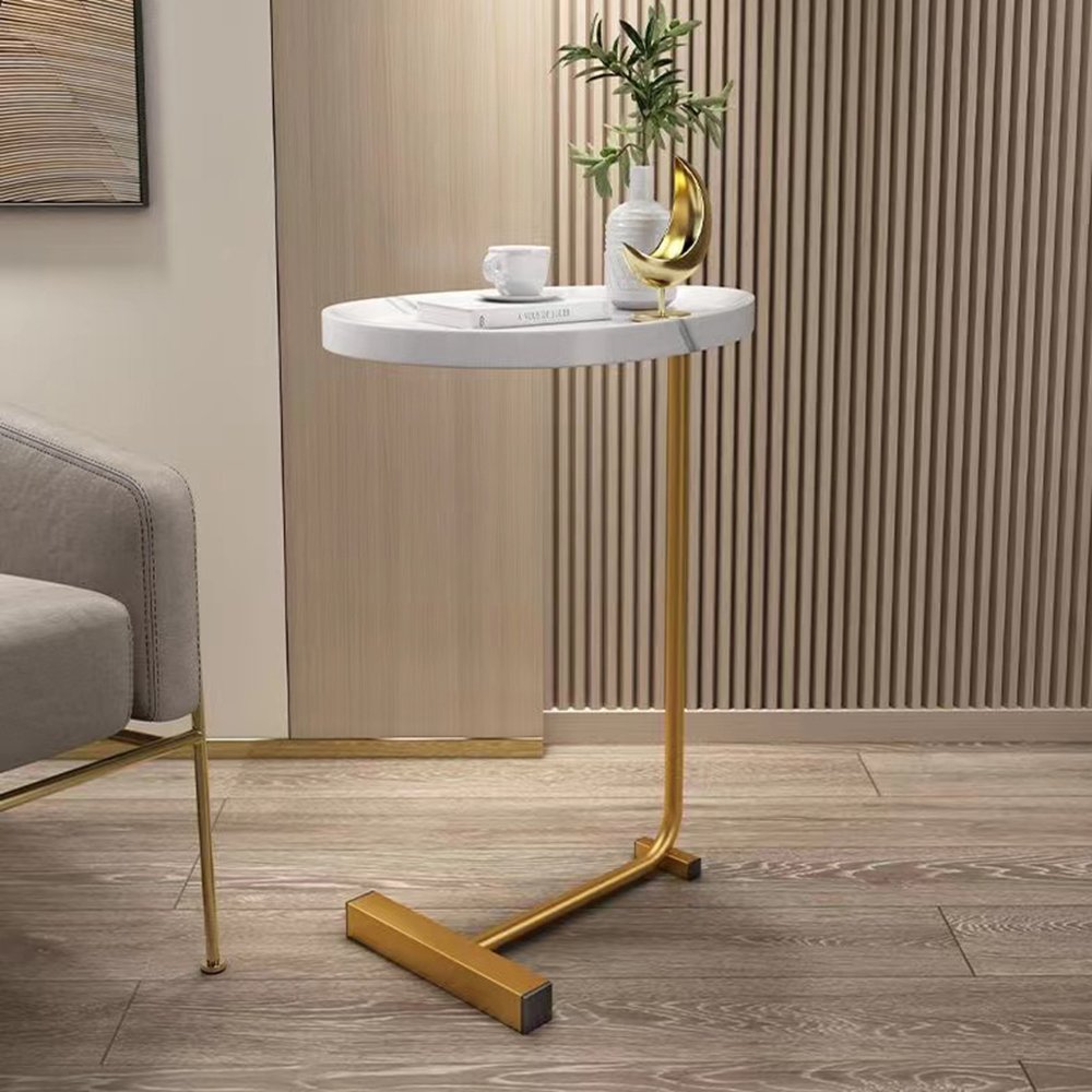 White and Gold Faux Marble and Metal Oval End Table - 24-inch