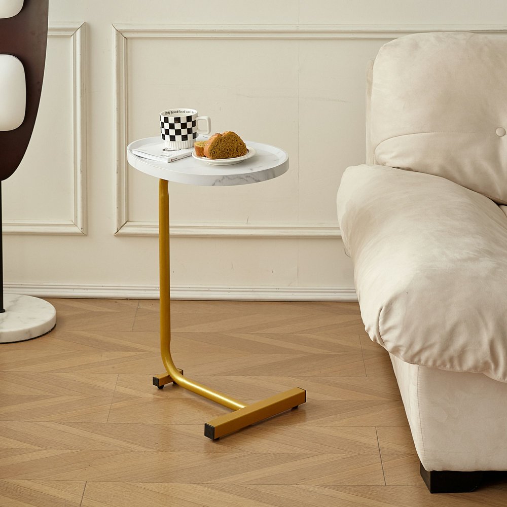 White and Gold Faux Marble and Metal Oval End Table - 24-inch
