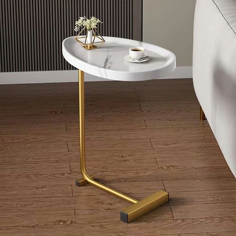 White and Gold Faux Marble and Metal Oval End Table - 24-inch