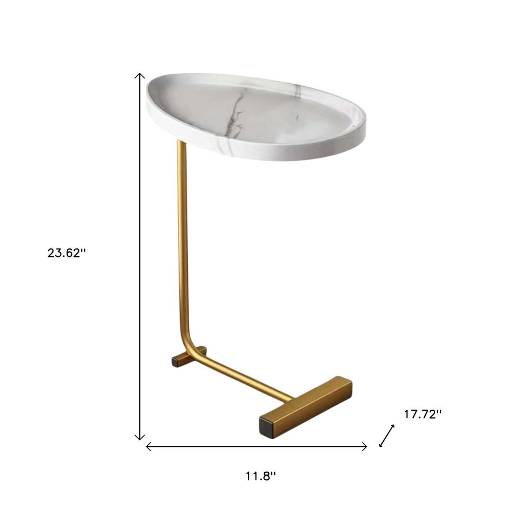 White and Gold Faux Marble and Metal Oval End Table - 24-inch