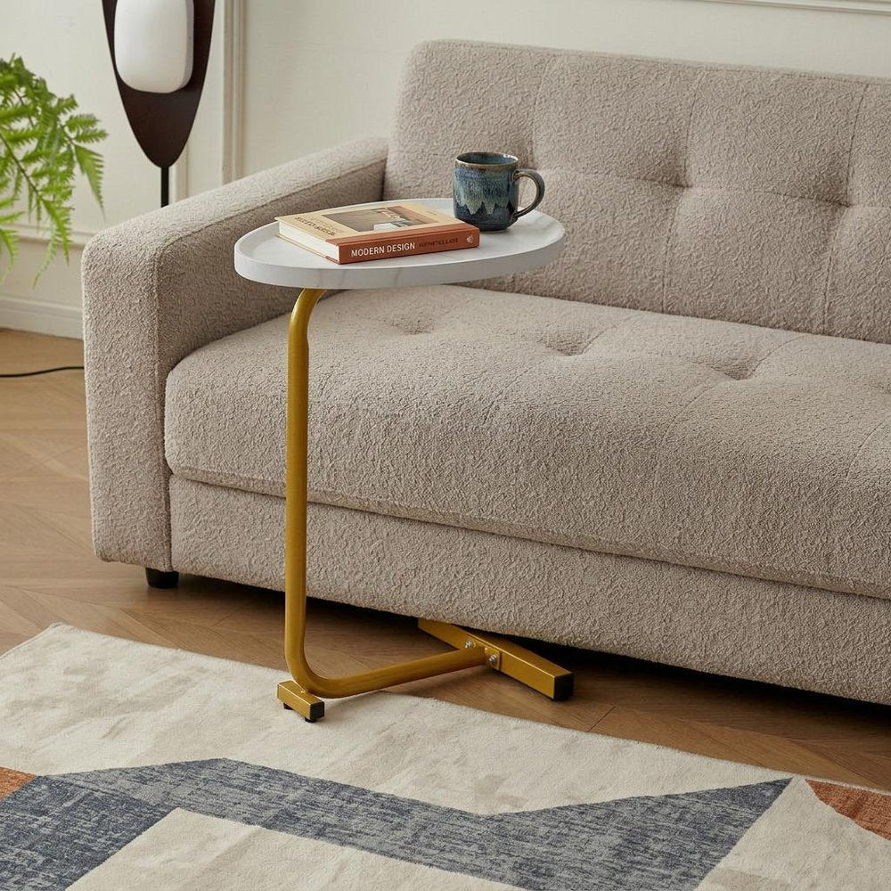 White and Gold Faux Marble and Metal Oval End Table - 24-inch