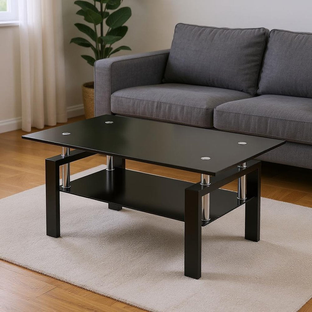 Black Glass and Steel Coffee Table - 39-inch