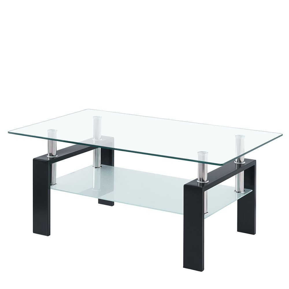 Clear and Black Glass and Steel Coffee Table with Shelf - 39-inch
