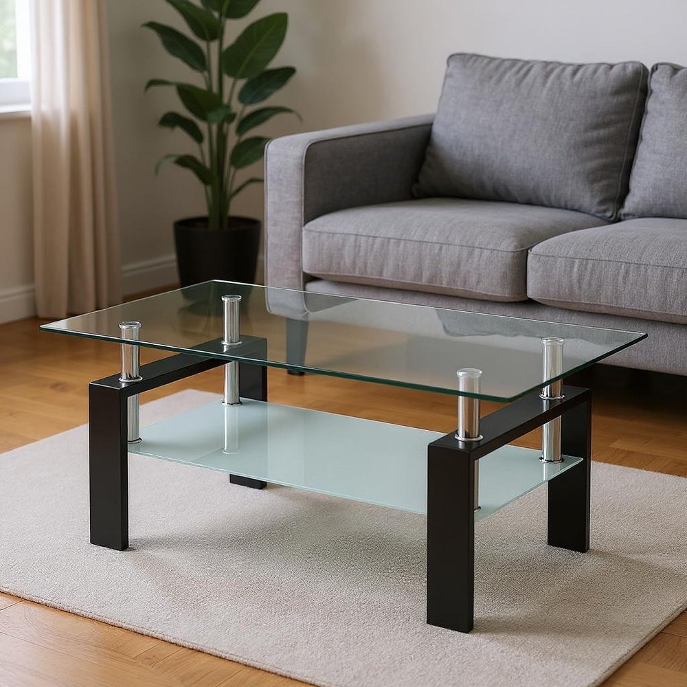 Clear and Black Glass and Steel Coffee Table with Shelf - 39-inch