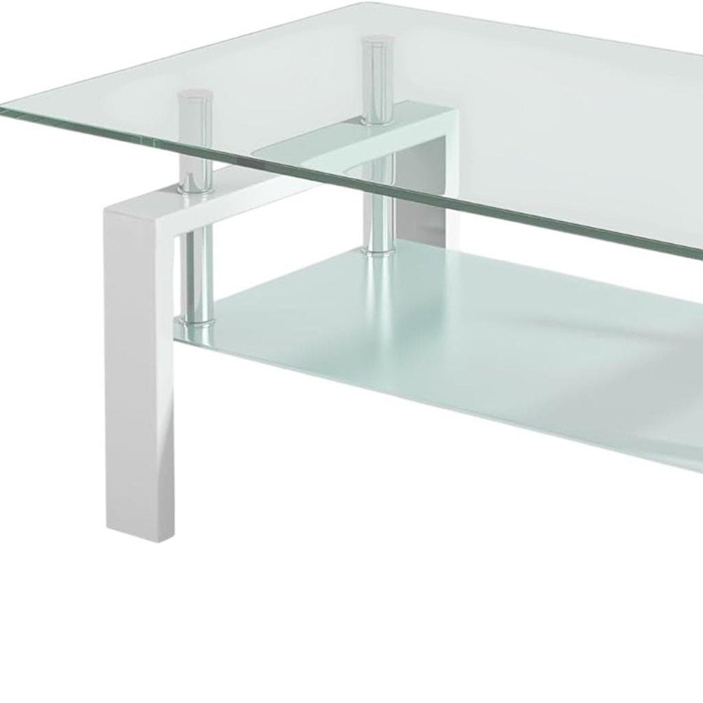 Clear and White Glass and Steel Coffee Table with Shelf - 39-inch
