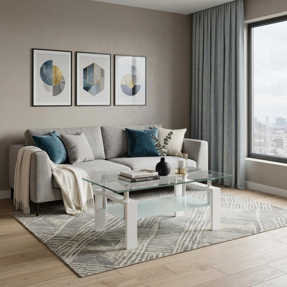 Clear and White Glass and Steel Coffee Table with Shelf - 39-inch