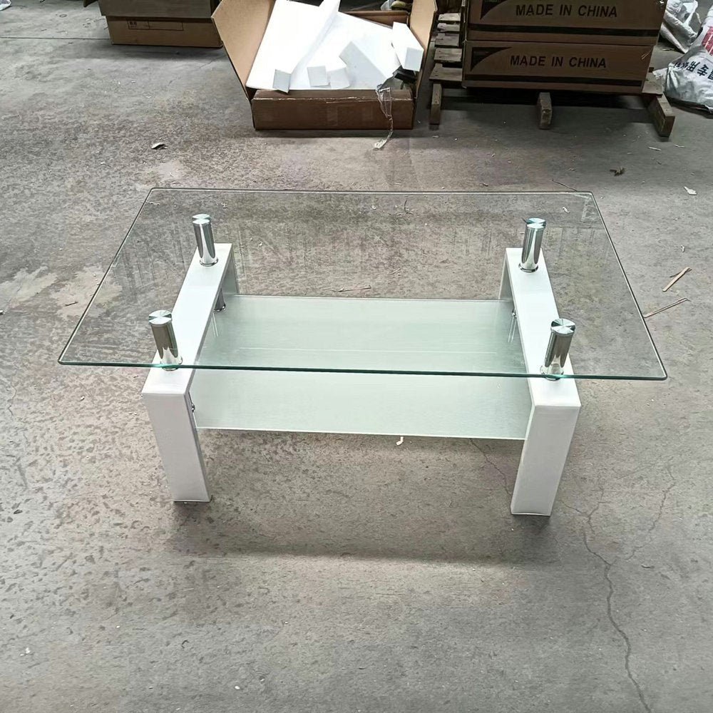 Clear and White Glass and Steel Coffee Table with Shelf - 39-inch