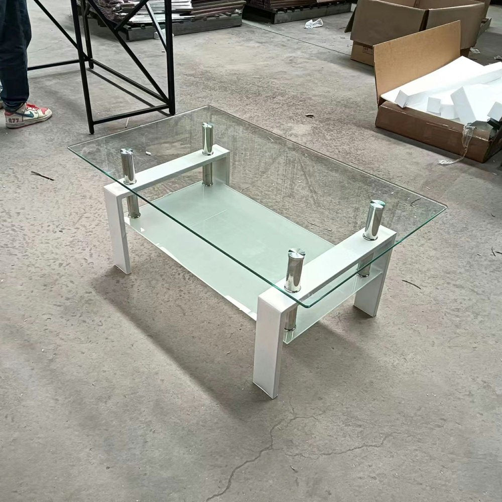 Clear and White Glass and Steel Coffee Table with Shelf - 39-inch