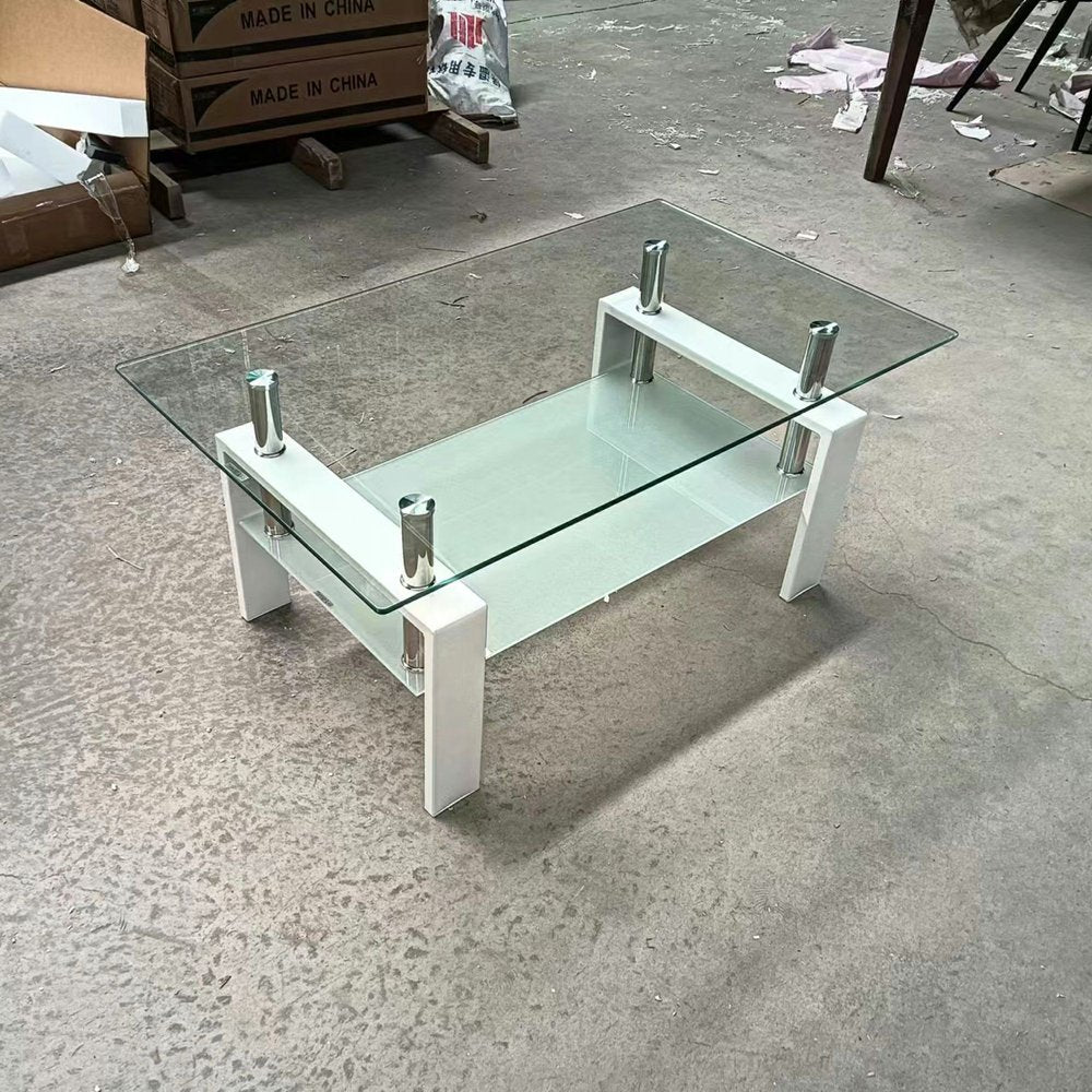 Clear and White Glass and Steel Coffee Table with Shelf - 39-inch