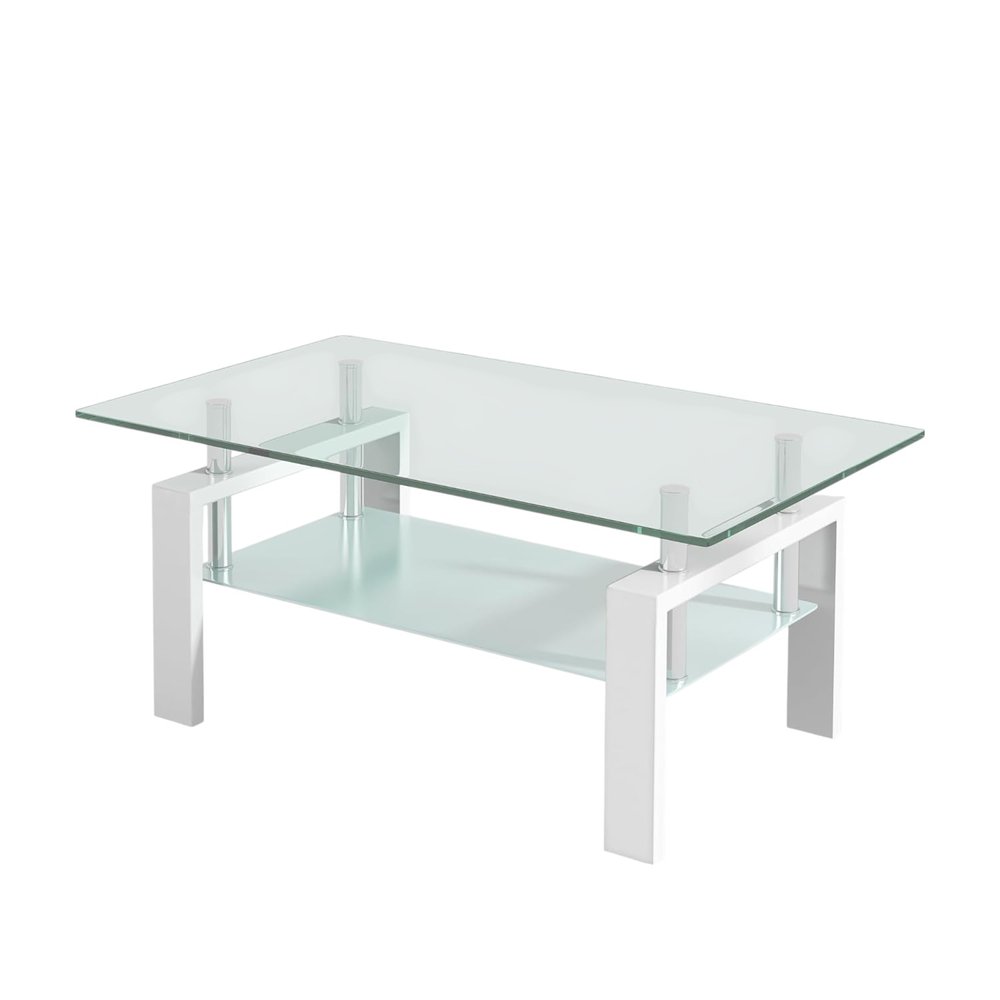 Clear and White Glass and Steel Coffee Table with Shelf - 39-inch