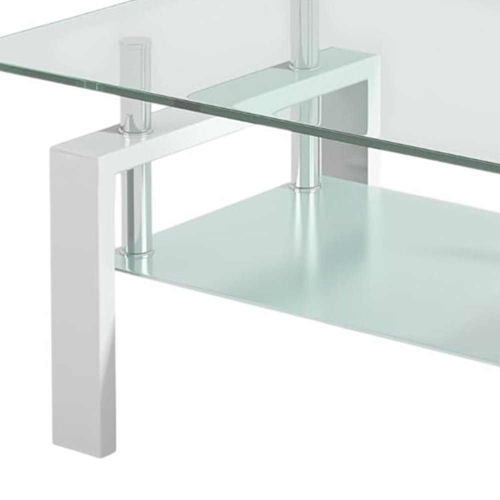 Clear and White Glass and Steel Coffee Table with Shelf - 39-inch