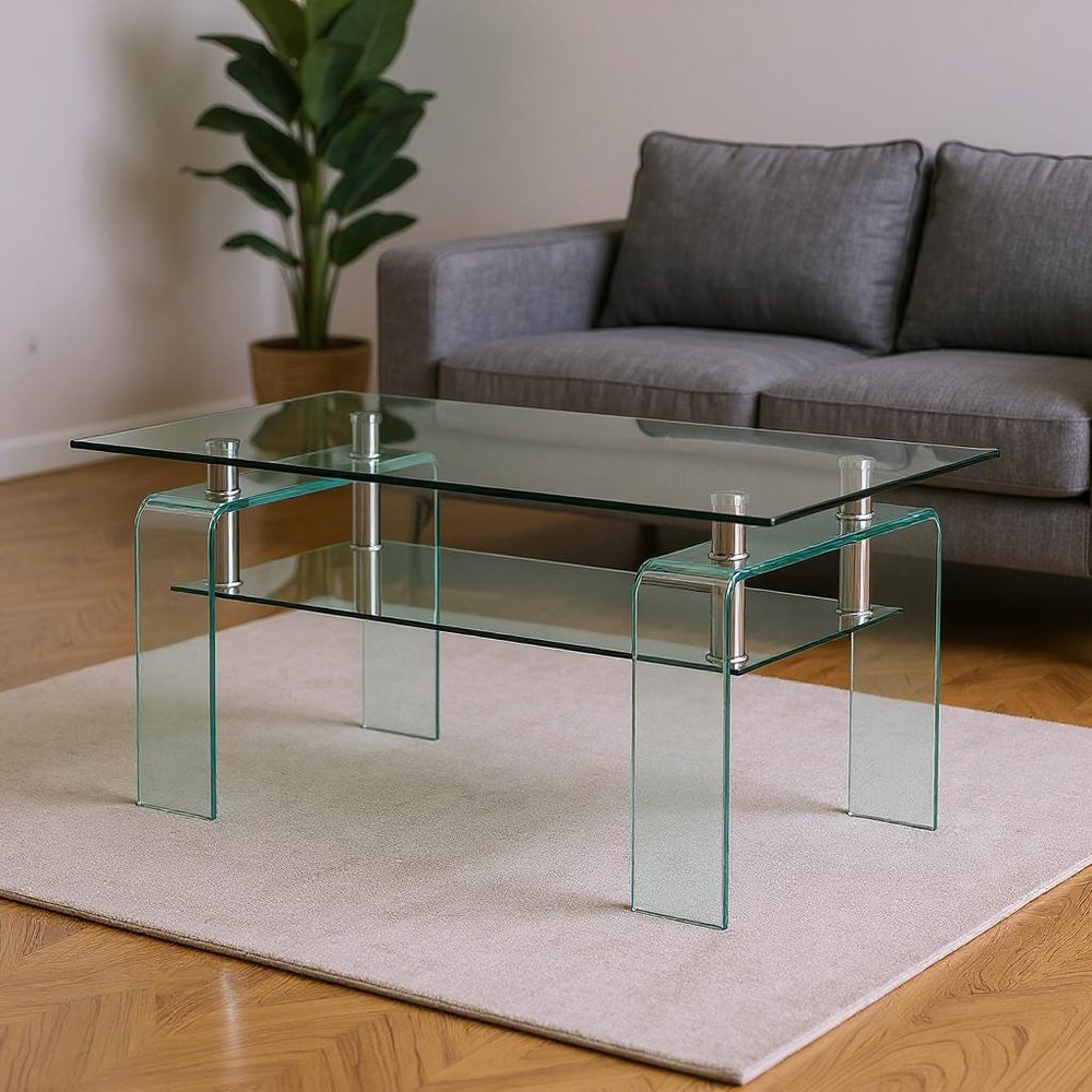 Clear Glass Coffee Table with Shelf - 39-inch