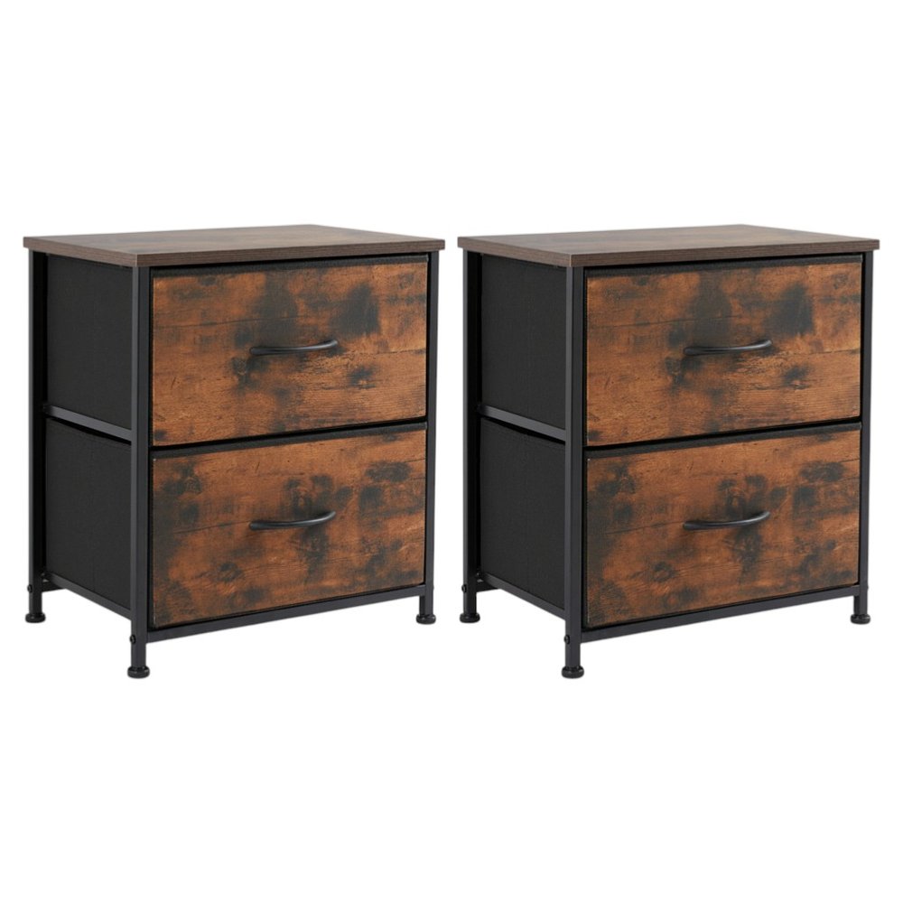 Set of Two 20 Brown Iron and Wood Two Drawer Nightstand