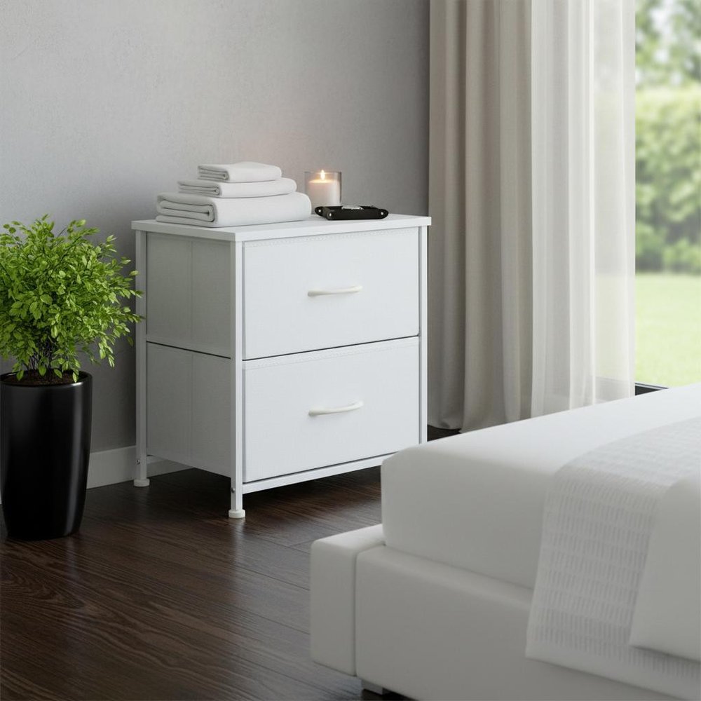 White Iron and Wood Woven Texture Two Drawer Nightstand - 20-inch