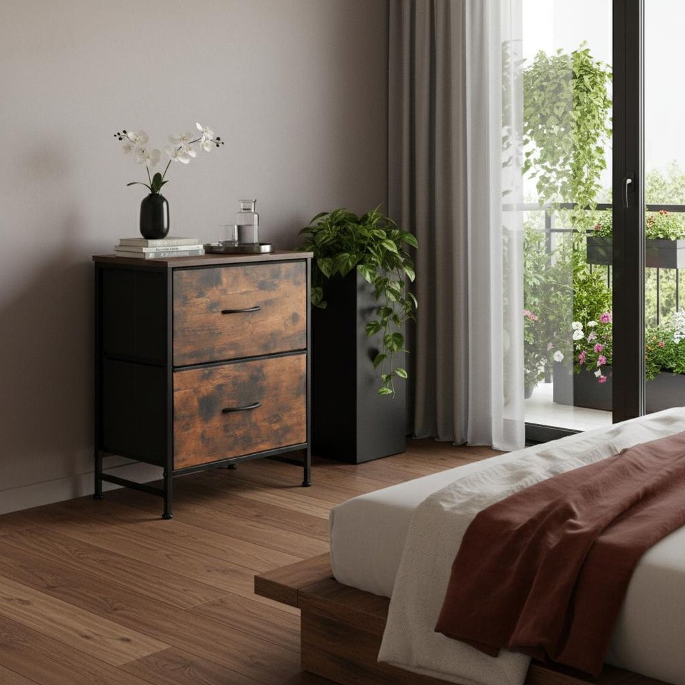 Black Iron and Wood Distressed Two Drawer Nightstand - 25-inch