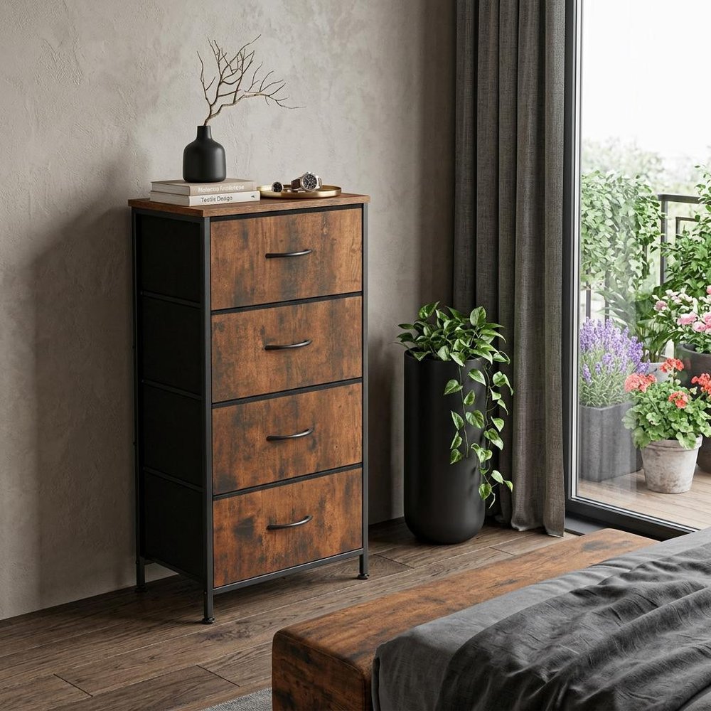 Black and Brown Fabric Wood and Metal Four Drawer Dresser - 18-inch