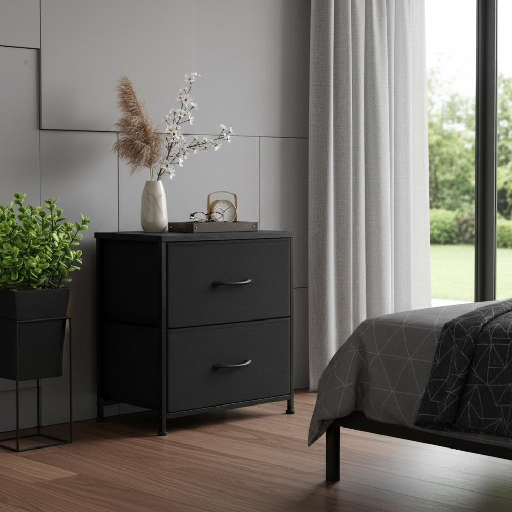 Black Iron and Wood Two Drawer Nightstand - 20-inch
