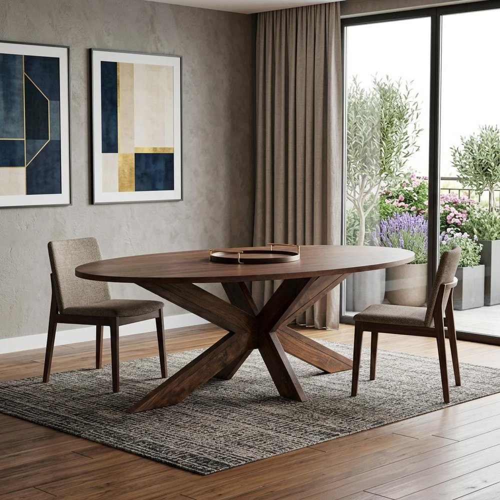Brown Solid Wood Cross Leg Base Oval Dining Table - 92-inch