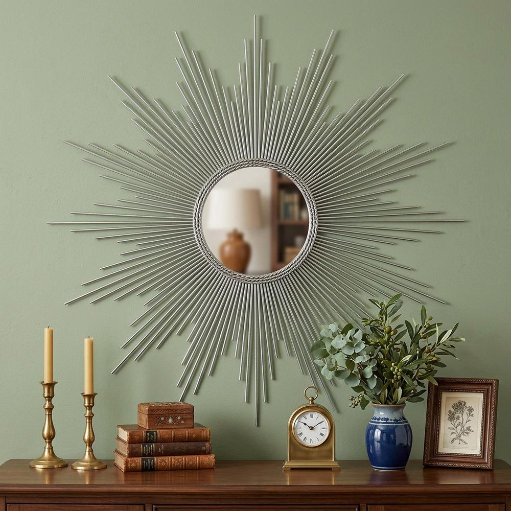 Silver Metal Sunburst Geometric Framed Accent Mirror - 32-inch