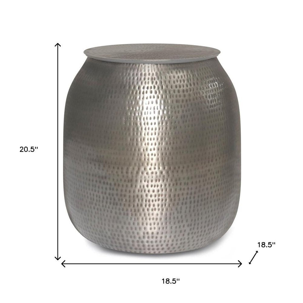 Silver Distressed Iron Round Drum End Table and Trunk Storage
