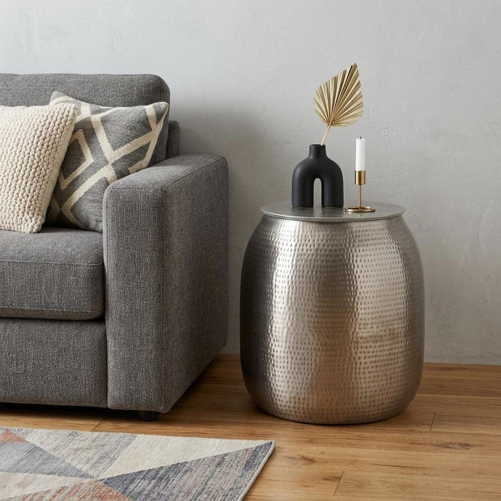 Silver Distressed Iron Round Drum End Table and Trunk Storage