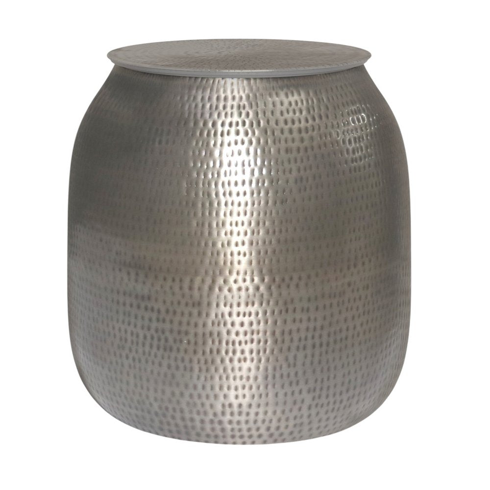 Silver Distressed Iron Round Drum End Table and Trunk Storage