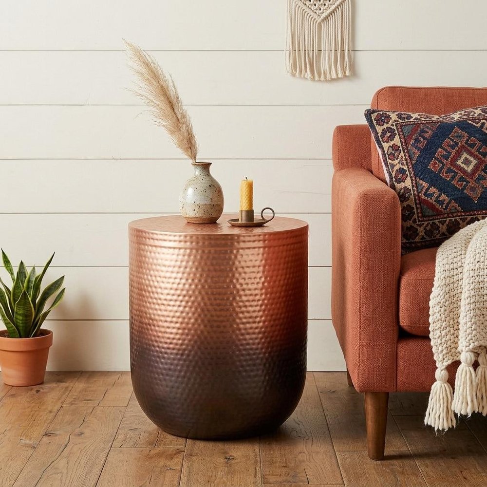 Copper and Black Iron Round Drum End Table - 22-inch