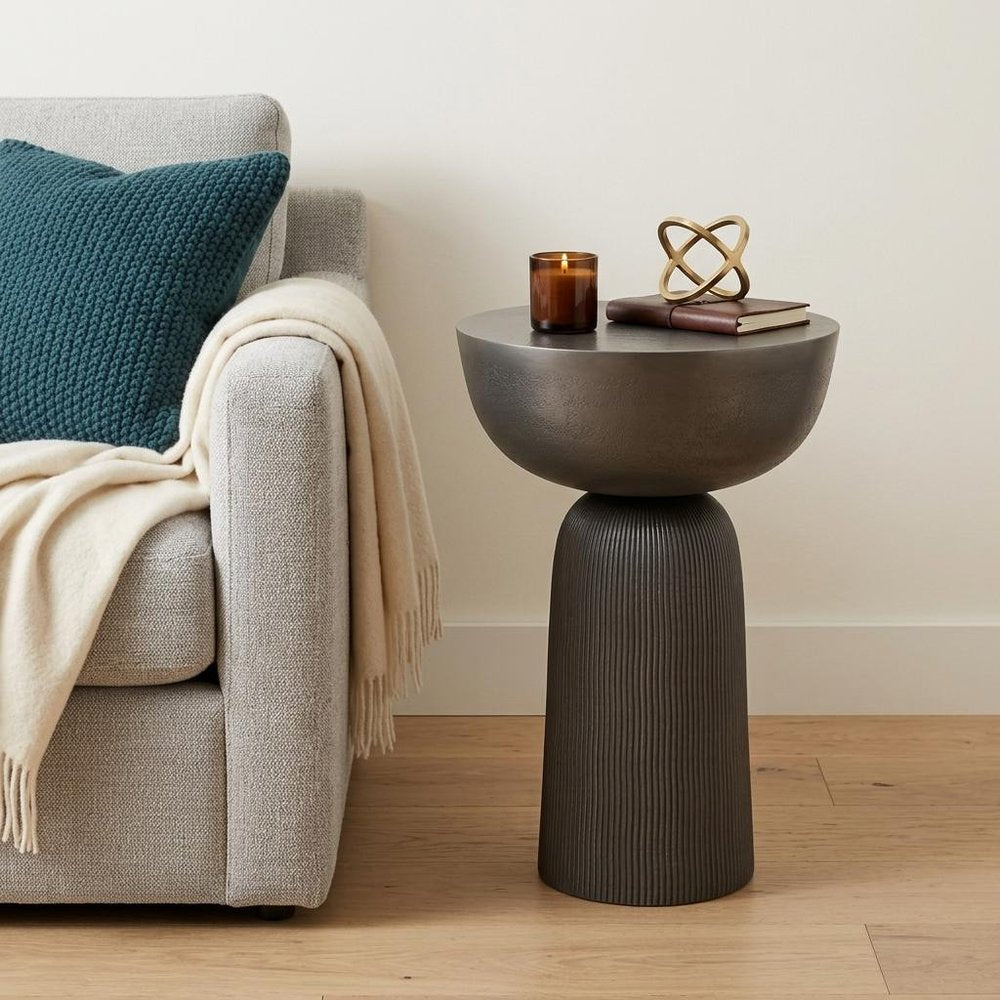 Black Aluminum Round Pedestal End Table - 21-inch