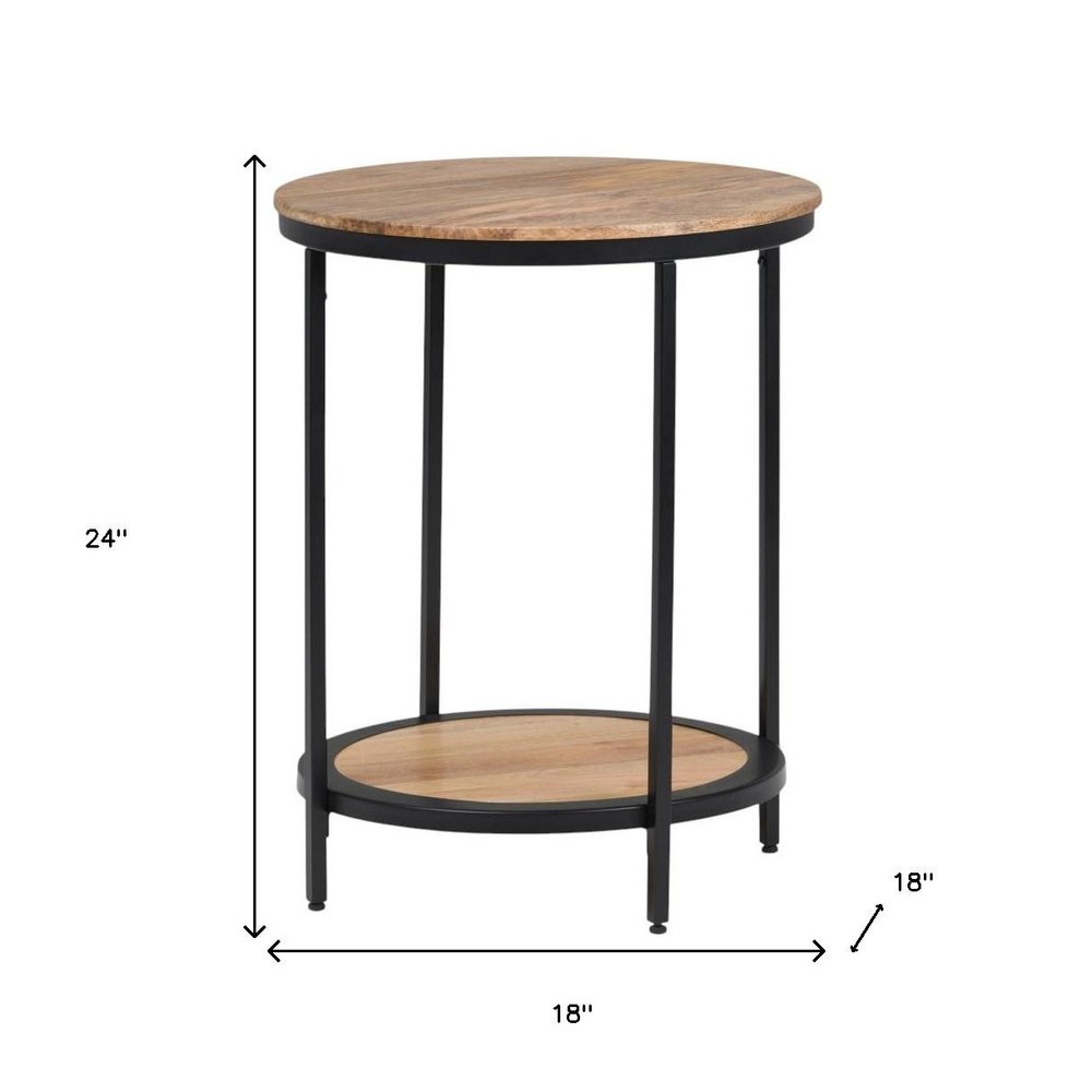 Natural and Black Solid Wood and Iron Round End Table with Shelf