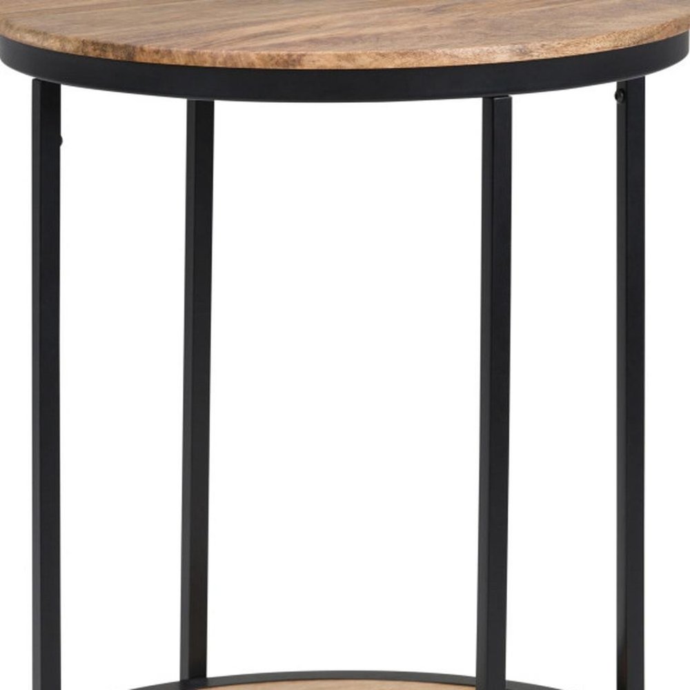 Natural and Black Solid Wood and Iron Round End Table with Shelf