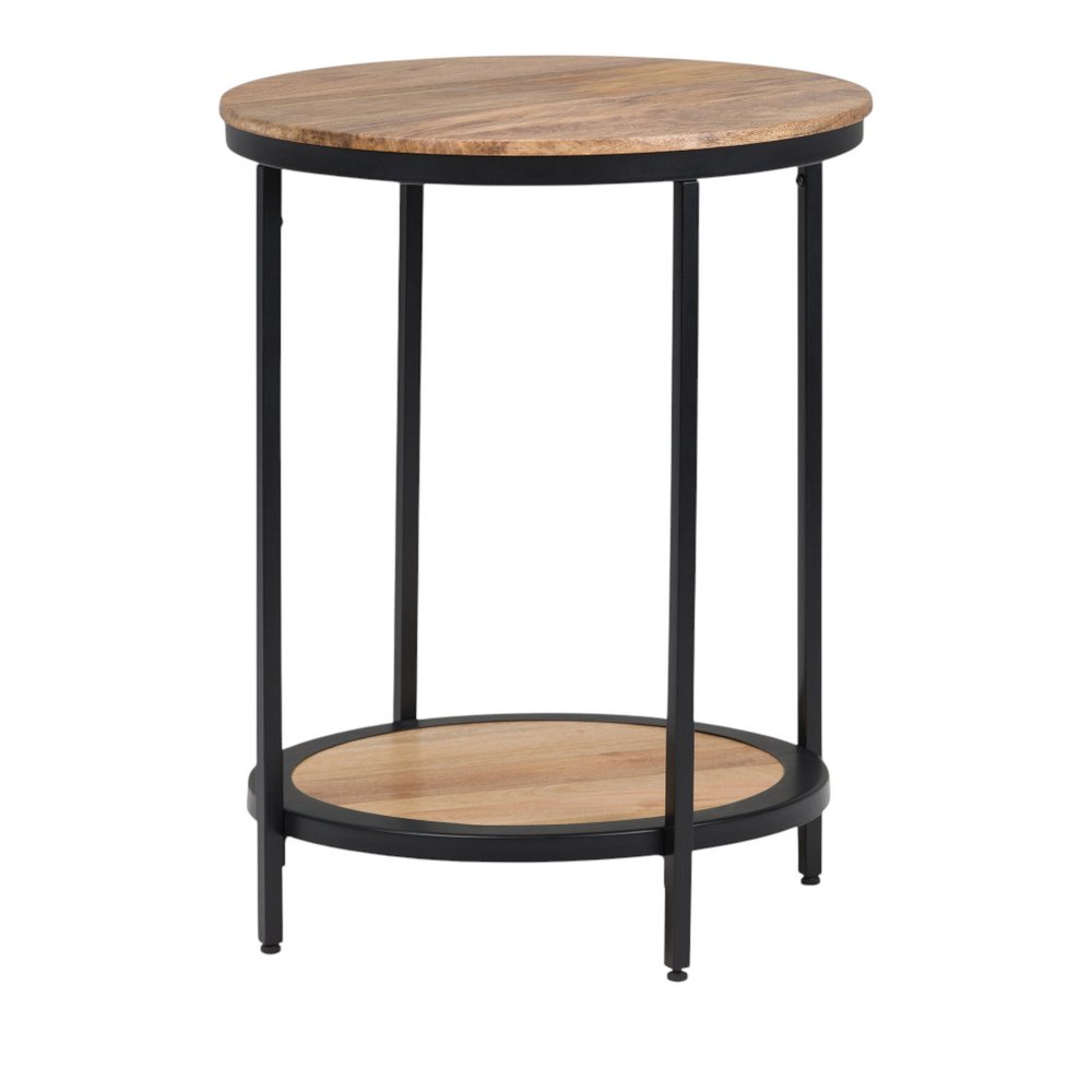 Natural and Black Solid Wood and Iron Round End Table with Shelf