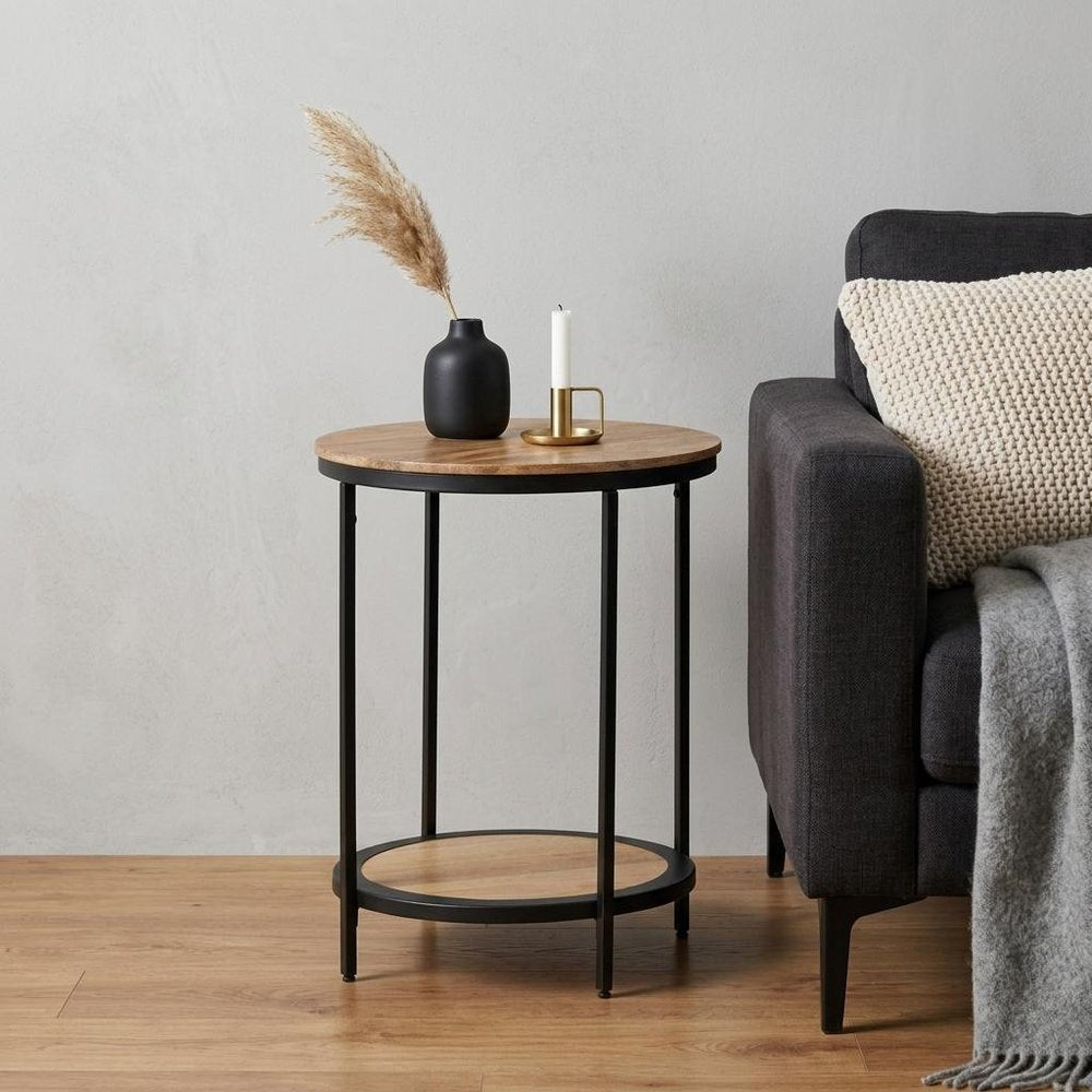 Natural and Black Solid Wood and Iron Round End Table with Shelf