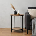 Natural and Black Solid Wood and Iron Round End Table with Shelf