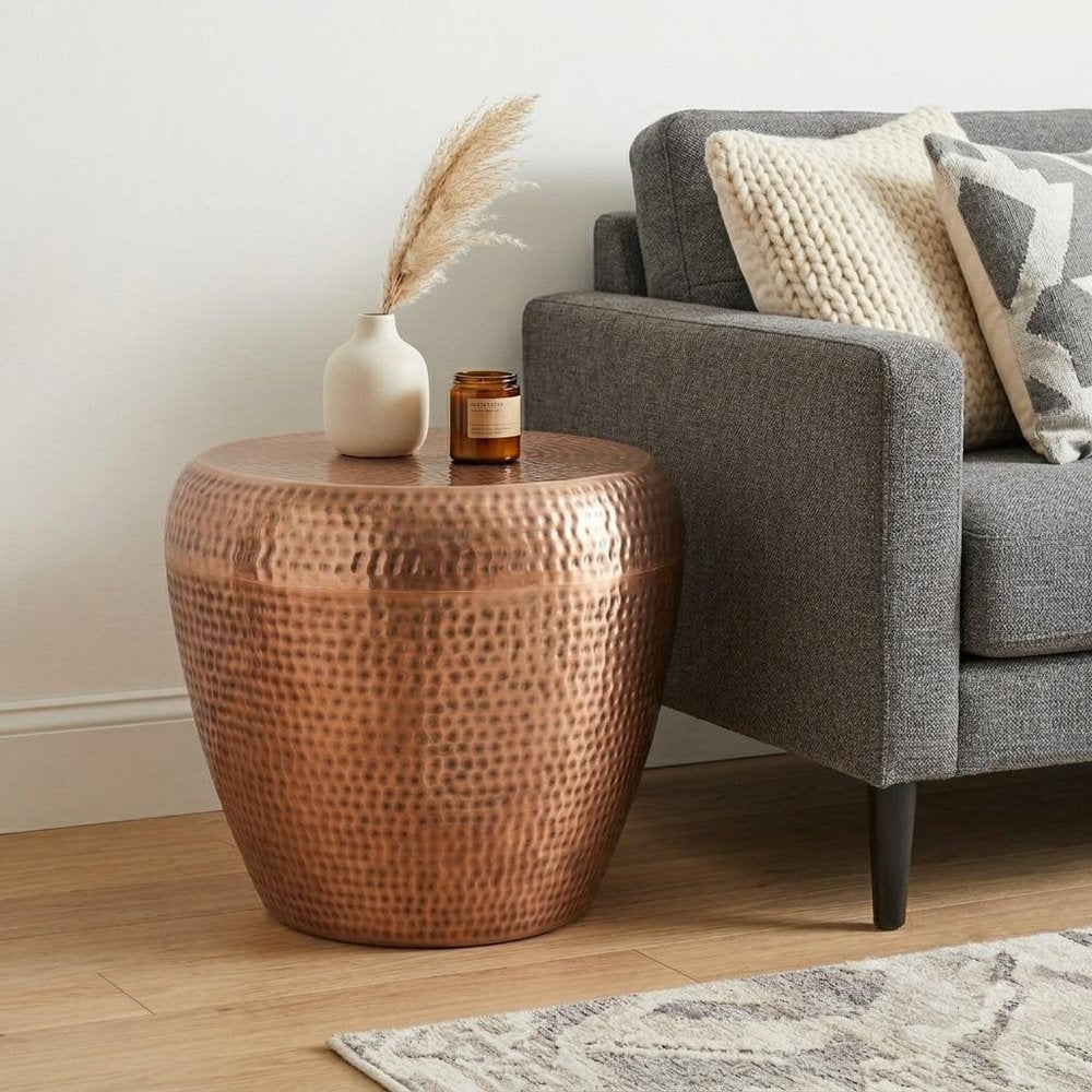 Copper Distressed Iron Round Drum End Table - 18-inch