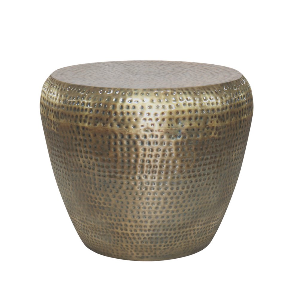 Antiqued Gold Distressed Iron Round Drum End Table - 18-inch