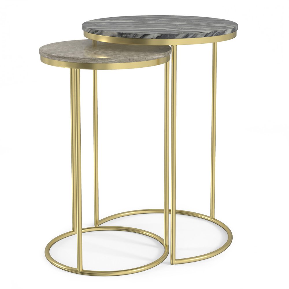 Set of Two Gray Stone and Gold Marble and Iron Round Nested Tables