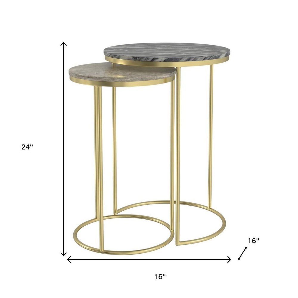 Set of Two Gray Stone and Gold Marble and Iron Round Nested Tables